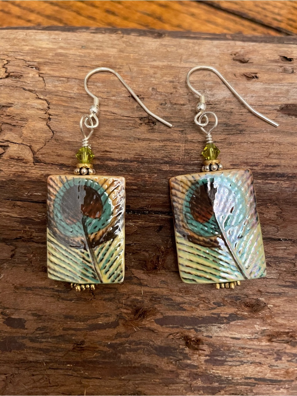 Peacock Feather Stonewear Dangle Earrings in Turquoise and Brown